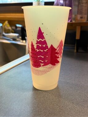 Festive Tree Printed Plastic Starbucks Tumbler - Pink Trees on Frosted White